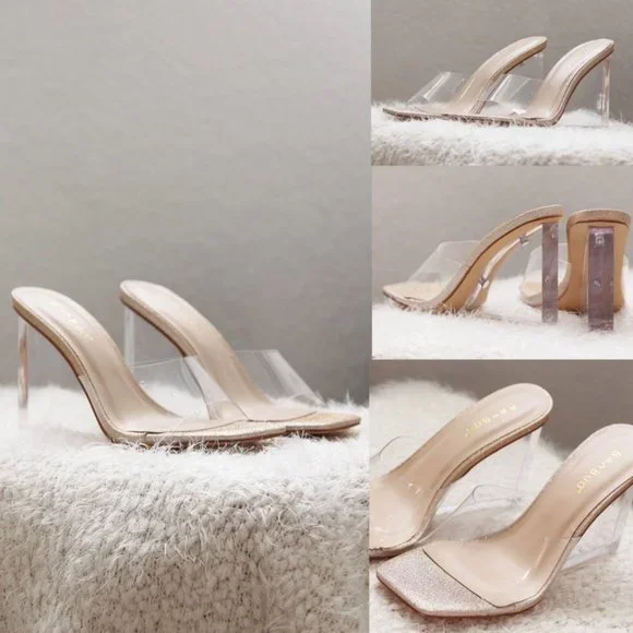 NEW Clear Transparent Wedge Slip On Square Toe Mule Sandal Heels Champagne Gold - Picture 4 of 8